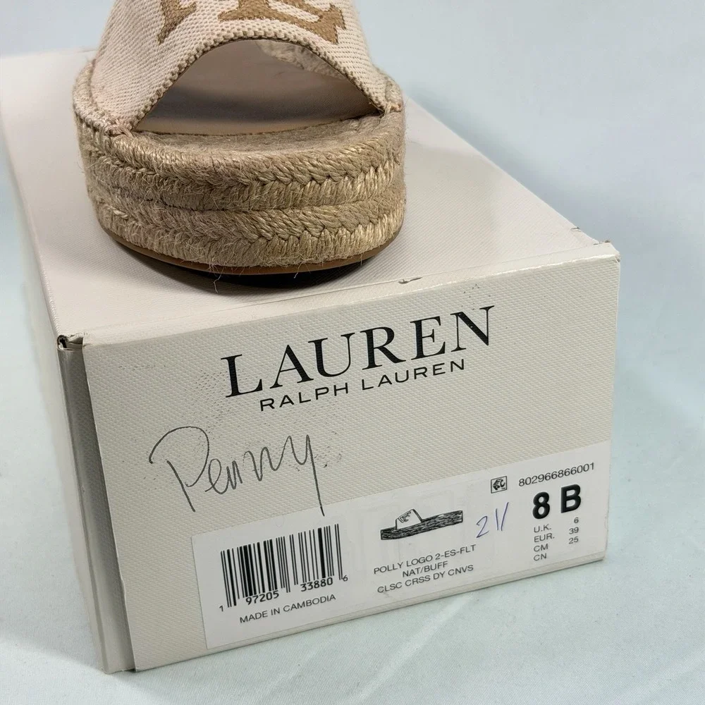 Lauren Ralph Lauren Size-8B Women's Polly Espadrille Flat Sandals Beige Denim